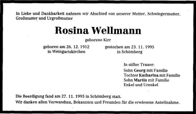 Kirr Rosina 1912-1995 Todesanzeige